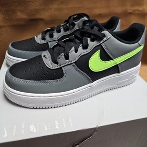 Nike Air Force 1 Low Top Sneakers - Black, Gray & Neon Green Swoosh
